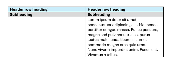 Header row and subheading row